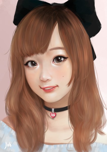 Anime picture 1191x1684 with real life metta coraima jubi (regiana) single long hair tall image looking at viewer fringe smile brown hair signed blunt bangs black eyes realistic mole lipstick portrait pink lipstick girl bow