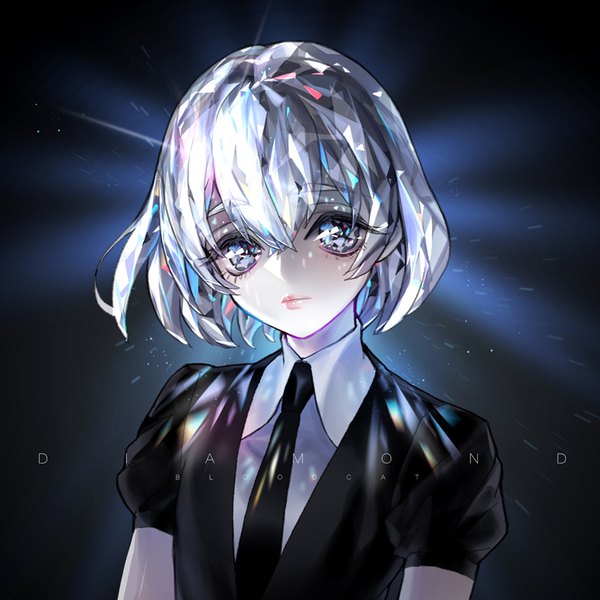 Anime picture 800x800 with houseki no kuni diamond (houseki no kuni) bloodcat (babacatcat) single looking at viewer fringe short hair simple background hair between eyes signed silver hair upper body character names black background portrait silver eyes shiny androgynous necktie