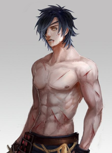 Anime picture 589x800 with touken ranbu nitroplus shokudaikiri mitsutada za tatsumi single tall image short hair black hair simple background yellow eyes nipples grey background scar topless muscle boy belt blood eyepatch wristlet