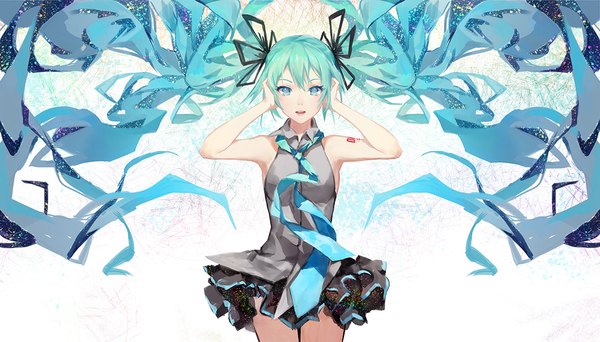 Anime picture 1080x616 with vocaloid hatsune miku criin single looking at viewer open mouth wide image white background twintails very long hair aqua eyes aqua hair girl skirt ribbon (ribbons) hair ribbon miniskirt necktie