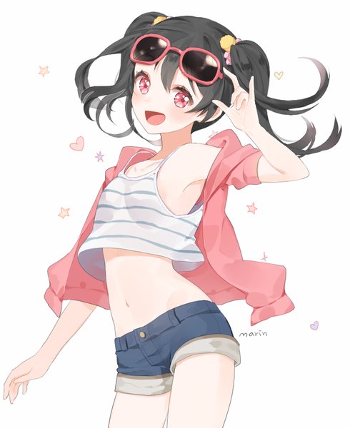 Anime picture 700x857 with love live! school idol project sunrise (studio) love live! yazawa nico marin (myuy 3) single long hair tall image looking at viewer blush open mouth black hair simple background red eyes white background twintails bare shoulders signed :d bare belly