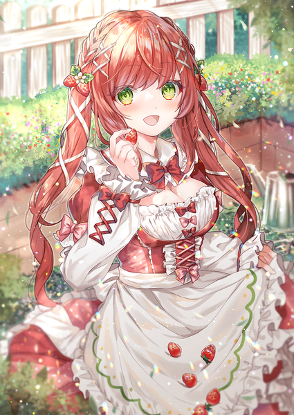 Anime-Bild 1000x1412 mit original shione (memento forest) single long hair tall image looking at viewer blush breasts open mouth twintails green eyes cleavage outdoors red hair :d strawberry day girl hair ornament ribbon (ribbons) hair ribbon