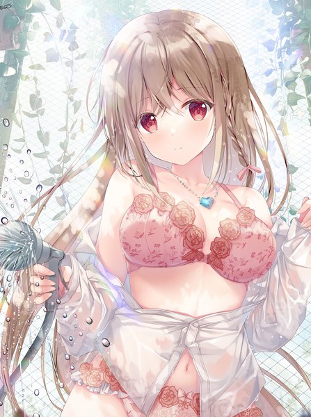 Anime picture 1484x1993 with twinbox school maeda shiori sousouman single long hair tall image looking at viewer blush fringe breasts light erotic hair between eyes red eyes brown hair large breasts standing holding outdoors braid (braids) long sleeves
