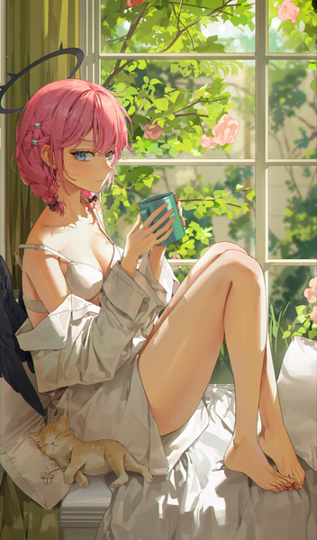 Anime picture 2000x3412 with original kellymonica02 single tall image looking at viewer blush fringe highres short hair breasts blue eyes light erotic sitting holding pink hair full body bent knee (knees) indoors braid (braids) barefoot