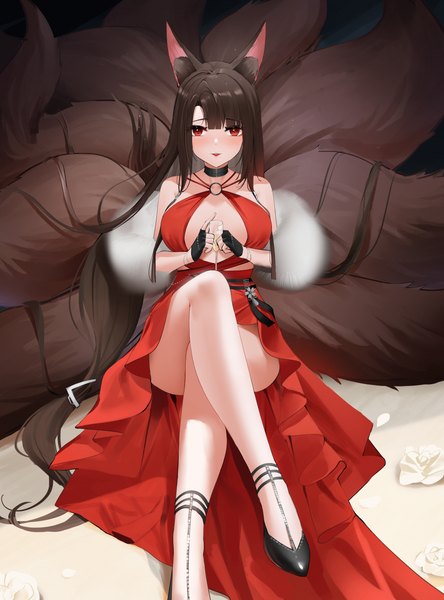 Anime picture 4783x6459 with azur lane akagi (azur lane) akagi (ruby-laced beauty) (azur lane) qing wu single tall image looking at viewer blush fringe highres breasts light erotic red eyes brown hair large breasts sitting holding animal ears absurdres tail