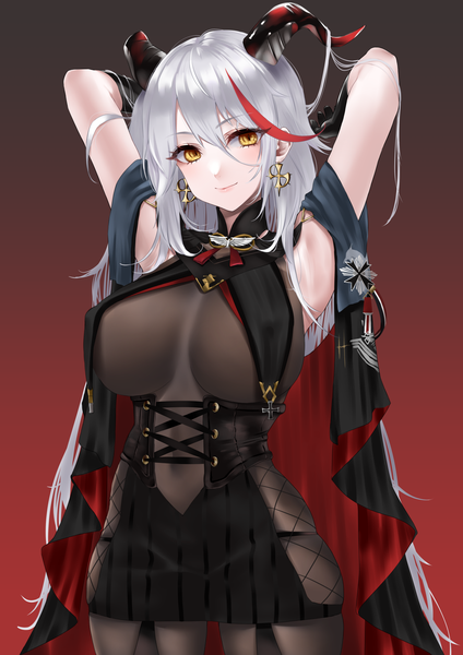 Anime picture 1412x2000 with azur lane aegir (azur lane) lyche (cramcell) single long hair tall image looking at viewer fringe breasts light erotic simple background hair between eyes large breasts yellow eyes silver hair multicolored hair horn (horns) light smile arms up armpit (armpits)