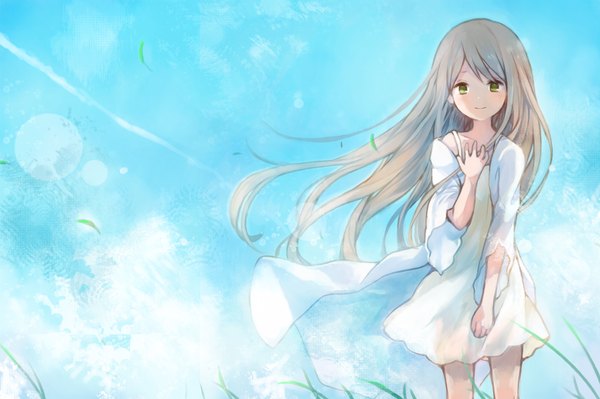 Anime picture 1000x666 with original mikanniro single long hair looking at viewer blush fringe smile standing green eyes wind happy soft beauty girl leaf (leaves) sundress