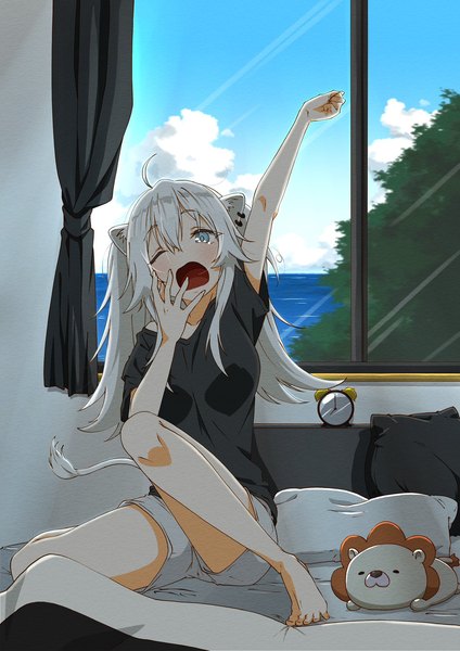 Anime picture 1448x2048 with virtual youtuber hololive shishiro botan homura minori single long hair tall image breasts open mouth sitting animal ears sky cloud (clouds) ahoge indoors tail animal tail one eye closed barefoot grey hair