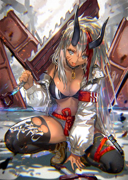 Anime picture 1488x2088 with original ranou single long hair tall image looking at viewer fringe breasts light erotic hair between eyes large breasts holding cleavage full body long sleeves multicolored hair horn (horns) grey hair off shoulder arm support