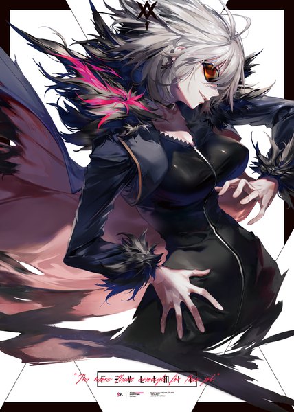 Anime picture 1020x1431 with fate (series) fate/grand order jeanne d'arc (fate) (all) jeanne d'arc alter (fate) kodama (wa-ka-me) single tall image short hair breasts simple background smile yellow eyes payot looking away cleavage silver hair ahoge long sleeves parted lips head tilt
