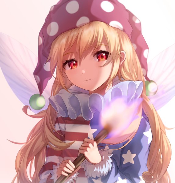 Anime picture 1959x2048 with touhou clownpiece mozuno (mozya 7) single long hair tall image looking at viewer highres simple background blonde hair red eyes upper body shaded face polka dot girl hat wings torch