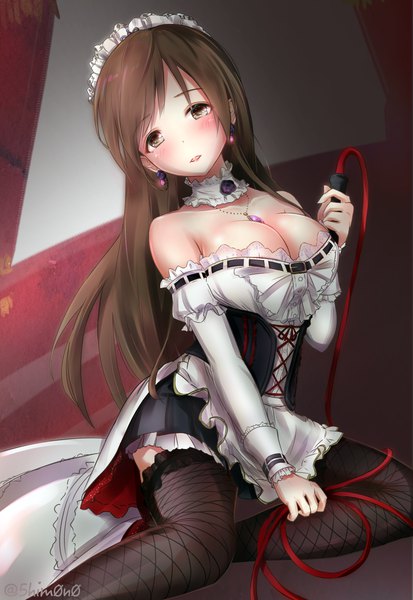 Anime picture 1000x1450 with idolmaster idolmaster cinderella girls nitta minami shimono (utapre) single long hair tall image looking at viewer blush breasts light erotic brown hair large breasts bare shoulders brown eyes cleavage bent knee (knees) parted lips head tilt maid