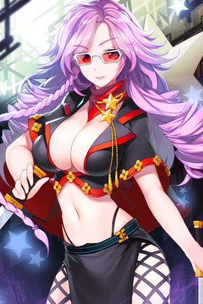 Anime picture 1000x1500 with sword girls snowball22 long hair tall image breasts light erotic red eyes large breasts pink hair midriff girl navel glasses star (symbol)
