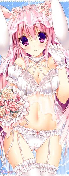 Anime picture 316x800 with ragnarok online priest (ragnarok online) sorai shin'ya single long hair tall image looking at viewer blush fringe light erotic smile hair between eyes purple eyes holding animal ears pink hair bunny ears puffy sleeves cameltoe ass visible through thighs