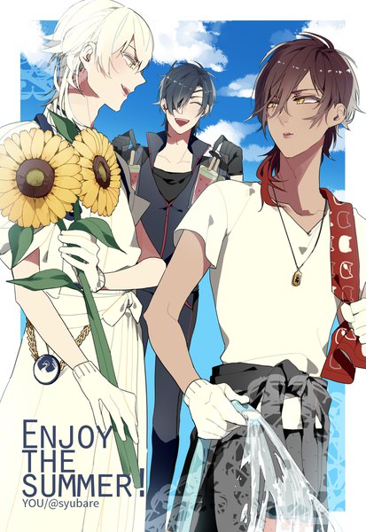 Anime picture 1461x2122 with touken ranbu nitroplus tsurumaru kuninaga ookurikara shokudaikiri mitsutada syubare long hair tall image short hair open mouth black hair brown hair yellow eyes looking away sky cloud (clouds) white hair eyes closed profile multiple boys