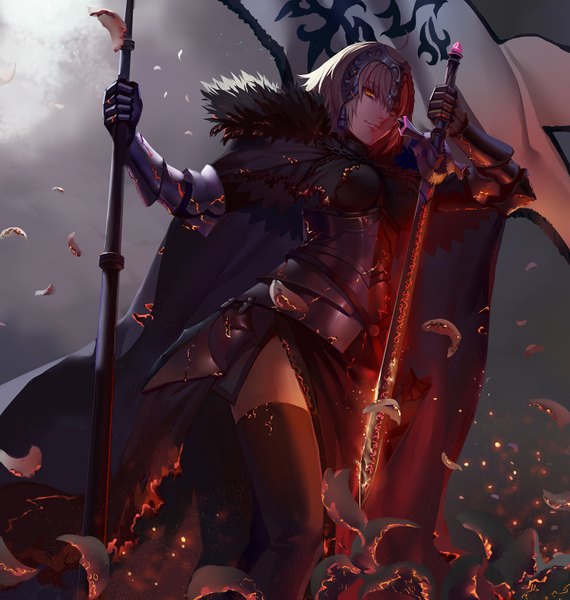 Anime picture 1500x1579 with fate (series) fate/grand order jeanne d'arc (fate) (all) jeanne d'arc alter (fate) charimei single tall image looking at viewer fringe short hair blonde hair hair between eyes standing holding yellow eyes ahoge light smile wind from below fur trim