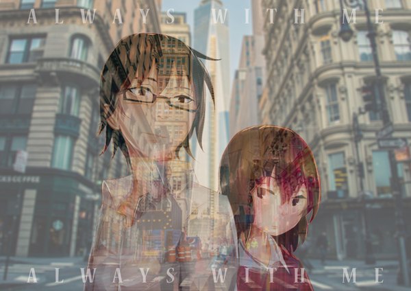 Anime picture 3507x2480 with boku dake ga inai machi a-1 pictures hinazuki kayo fujinuma satoru fringe highres short hair black hair hair between eyes brown hair brown eyes looking away absurdres sky upper body light smile black eyes inscription city open collar