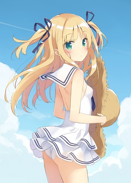 Anime picture 772x1080 with original shimotsuki potofu kani biimu single long hair tall image looking at viewer blush fringe breasts light erotic blonde hair standing twintails holding green eyes sky cloud (clouds) ass looking back