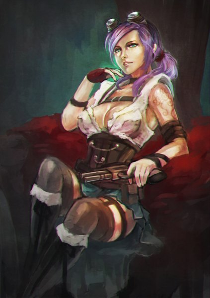 Anime picture 2475x3508 with monori rogue single long hair tall image looking at viewer highres breasts sitting green eyes purple hair tattoo goggles on head steam punk girl thighhighs gloves weapon black thighhighs fingerless gloves gun