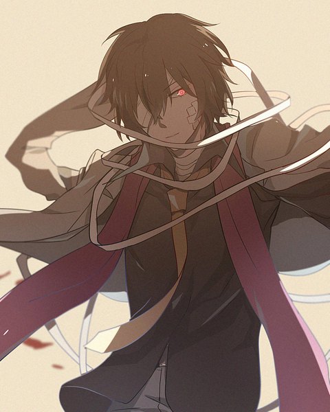 Anime picture 1223x1527 with bungou stray dogs studio bones dazai osamu (bungou stray dogs) byoc12 single tall image looking at viewer fringe short hair simple background hair between eyes red eyes brown hair upper body wind grey background clothes on shoulders bandaid on face wind lift bandage over one eye