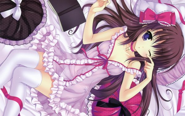 Anime picture 1920x1200 with mitha single long hair blush highres open mouth light erotic brown hair wide image purple eyes bare shoulders cleavage lying one eye closed from above wink on back transparent girl thighhighs