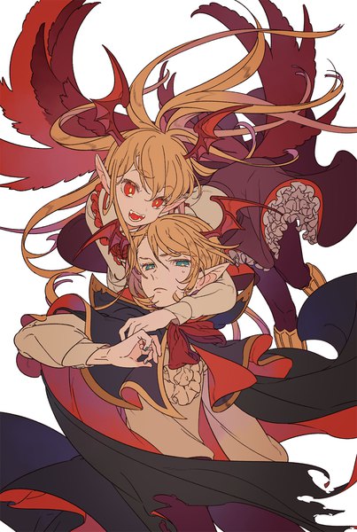 Anime picture 800x1190 with shingeki no bahamut granblue fantasy vampy veight maruco long hair tall image short hair open mouth blue eyes simple background blonde hair red eyes white background aqua eyes pointy ears hug turning head flying head wings