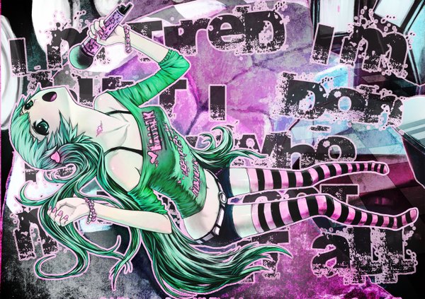 Anime picture 1440x1016 with vocaloid hatsune miku jjwww love long hair open mouth green eyes nail polish green hair girl thighhighs shorts striped thighhighs microphone