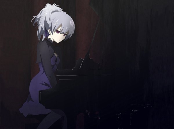 Anime picture 1280x950 with darker than black studio bones yin (darker than black) single purple eyes ponytail grey hair girl dress piano