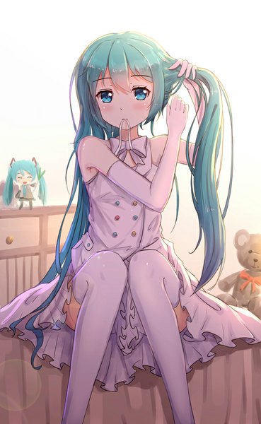 Anime picture 616x1000 with vocaloid hatsune miku byakuya reki single tall image looking at viewer blush fringe open mouth blue eyes standing sitting twintails holding indoors eyes closed very long hair pleated skirt aqua eyes aqua hair
