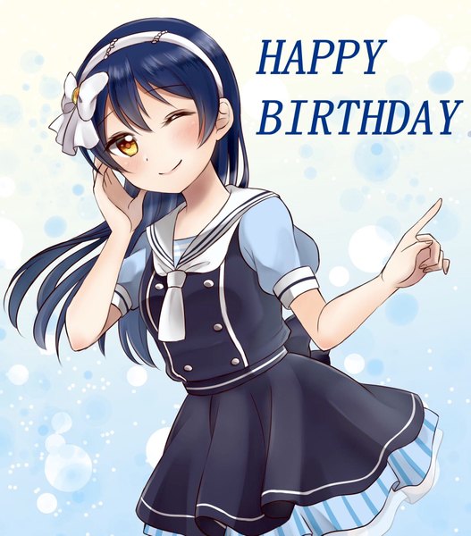 Anime picture 1740x1983 with love live! school idol project sunrise (studio) love live! sonoda umi kino xx62 single long hair tall image looking at viewer blush fringe highres light erotic simple background smile hair between eyes standing brown eyes blue hair one eye closed