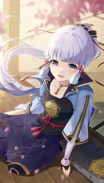 Anime picture 2037x3591 with genshin impact kamisato ayaka kinaco 4738 single long hair tall image fringe highres open mouth sitting looking away silver hair ponytail blunt bangs :d from above wind mole mole under eye silver eyes