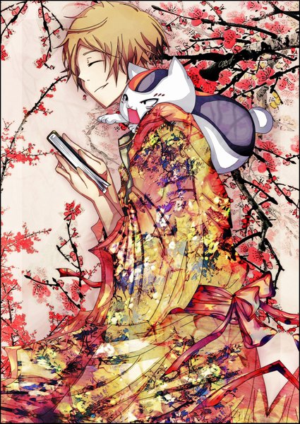 Anime picture 2496x3523 with natsume yuujinchou brains base (studio) natsume takashi madara (nyanko-sensei) tall image highres short hair blonde hair smile eyes closed traditional clothes japanese clothes profile animal on shoulder boy animal kimono book (books) cat