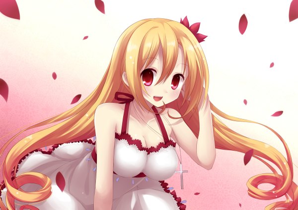 Anime picture 1200x849 with original aixioo single long hair looking at viewer open mouth blonde hair pink eyes girl dress petals cross