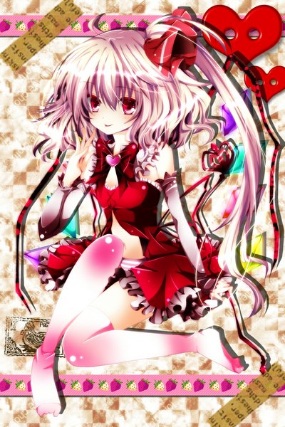 Anime picture 700x1050 with touhou flandre scarlet nanase nao single tall image looking at viewer short hair blonde hair red eyes one side up girl thighhighs dress detached sleeves wings heart fingerless gloves crystal