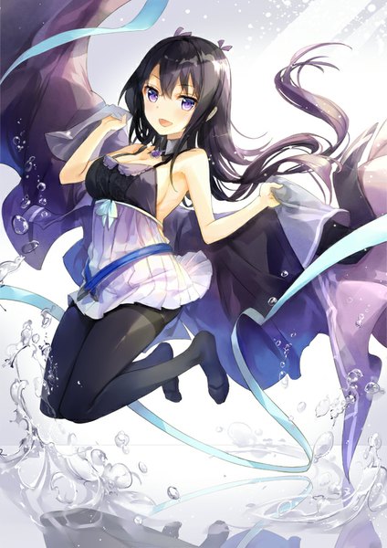 Anime picture 636x900 with original fuumi (radial engine) single long hair tall image looking at viewer blush fringe breasts open mouth light erotic black hair purple eyes bare shoulders holding bent knee (knees) :d armpit (armpits) no shoes happy