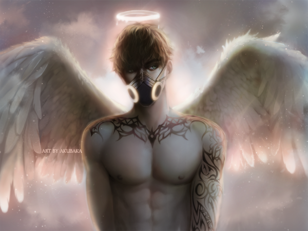 Anime picture 900x675 with original akubaka single short hair light erotic brown hair green eyes signed looking away cloud (clouds) tattoo topless muscle angel wings angel boy wings halo respirator