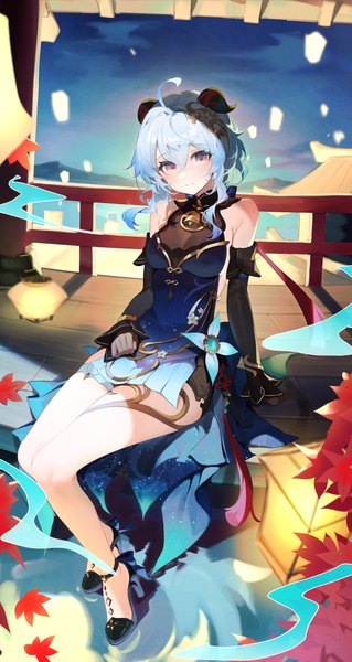 Anime picture 1867x3508 with genshin impact ganyu (genshin impact) ganyu (twilight blossom) (genshin impact) lumo 1121 single tall image looking at viewer fringe highres short hair hair between eyes sitting purple eyes blue hair full body ahoge horn (horns) bare legs official alternate costume girl