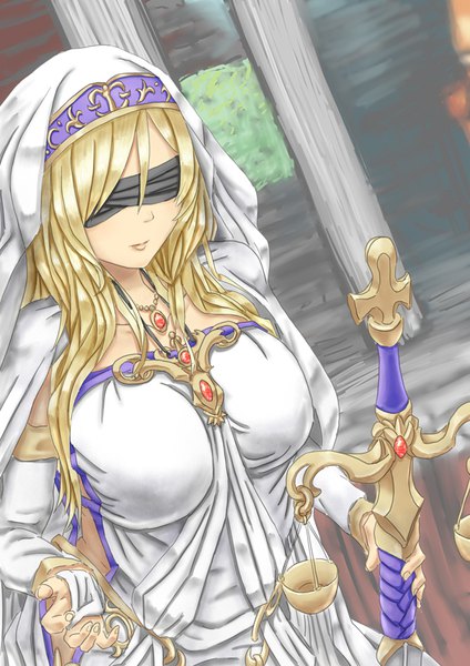 Anime picture 620x877 with goblin slayer! sword maiden totsuki (puyonpuyon) single long hair tall image fringe breasts blonde hair large breasts standing holding upper body dutch angle blindfold girl dress weapon plant (plants) sword