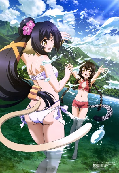 Anime picture 4091x5937 with utawareru mono utawareru mono: itsuwari no kamen white fox megami magazine kuon (utawareru mono) anju (utawareru mono) long hair tall image blush highres open mouth black hair multiple girls animal ears yellow eyes absurdres ponytail tail braid (braids) animal tail