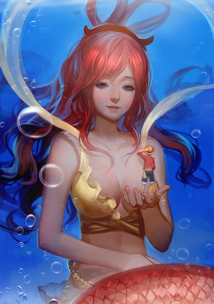 Anime picture 1000x1414 with one piece toei animation monkey d. luffy shirahoshi ask (askzy) long hair tall image blush purple eyes red hair underwater girl boy hat shirt water shorts bubble (bubbles) bikini top straw hat