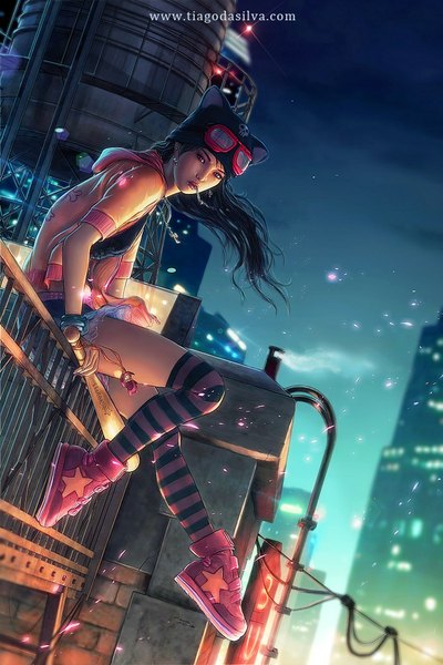 Anime picture 700x1050 with original grafik (artist) single long hair tall image looking at viewer black hair red eyes sitting animal ears nail polish wind cat ears night open clothes open jacket zettai ryouiki night sky lipstick city