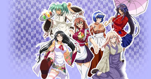 Anime picture 1465x769 with ikkitousen kanu unchou ryomou shimei ryofu housen ryuubi gentoku shibai chuutatsu long hair blush fringe blue eyes black hair smile brown hair wide image twintails multiple girls brown eyes green eyes blue hair pink hair