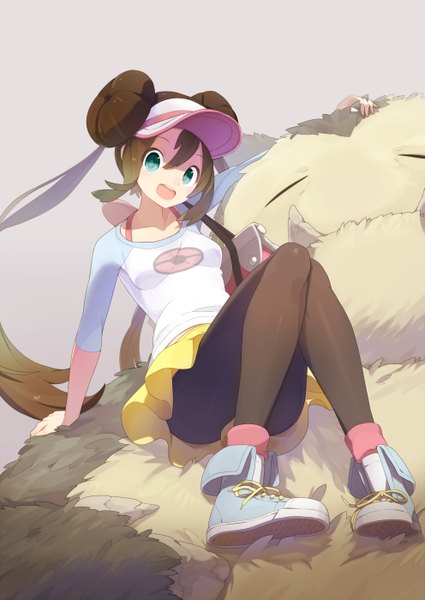 Anime picture 991x1400 with pokemon pokemon black and white nintendo rosa (pokemon) snorlax tomioka jirou single long hair tall image looking at viewer open mouth simple background brown hair sitting twintails aqua eyes grey background hair bun (hair buns) gen 1 pokemon girl