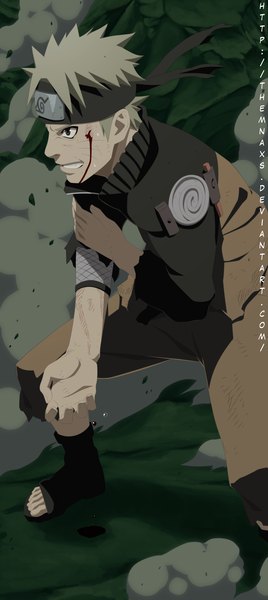 Anime picture 3000x6701 with naruto studio pierrot naruto (series) uzumaki naruto themnaxs single tall image highres short hair blonde hair grey eyes grin coloring torn clothes facial mark smoke whisker markings angry jinchuriki boy