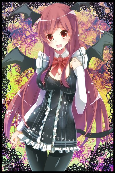 Anime picture 669x1000 with touhou koakuma aosaki yukina single long hair tall image looking at viewer blush open mouth red eyes red hair head wings girl dress wings bowtie