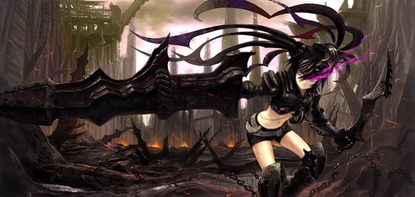 Anime picture 1600x760 with black rock shooter kuroi mato denki wide image purple eyes glowing scar glowing eye (eyes) ruins girl weapon boots chain
