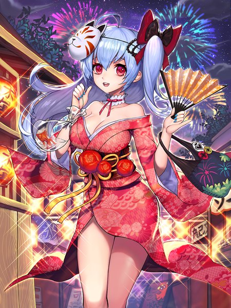 Anime picture 900x1200 with original kyundoo single long hair tall image looking at viewer fringe breasts open mouth smile standing bare shoulders holding payot blue hair cloud (clouds) ahoge outdoors nail polish traditional clothes