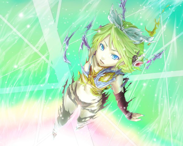 Anime picture 2400x1920 with vocaloid kagamine rin hamu no jin single highres blue eyes blonde hair torn clothes destruction foreshortening girl navel ribbon (ribbons) detached sleeves