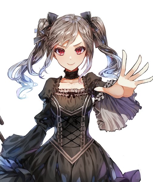 Anime picture 1500x1782 with idolmaster idolmaster cinderella girls kanzaki ranko kim eb single long hair tall image looking at viewer simple background smile red eyes white background twintails payot silver hair multicolored hair outstretched arm gradient hair lolita fashion goth-loli
