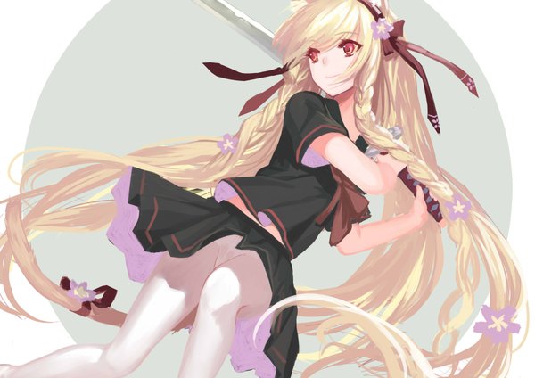 Anime picture 1753x1240 with original aki663 single highres light erotic blonde hair smile red eyes holding animal ears looking away bent knee (knees) tail braid (braids) very long hair animal tail pleated skirt hair flower cat ears cat tail